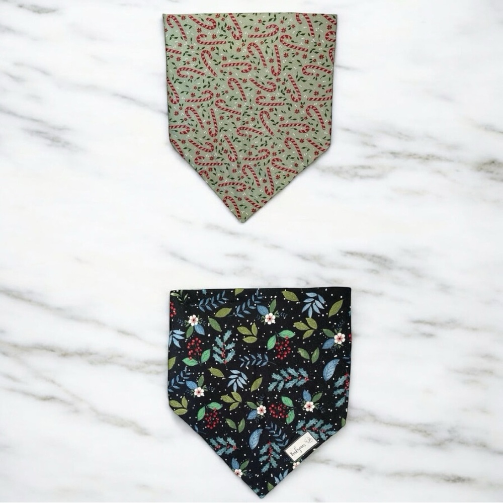 DOG Bandana - Candy Cane & Christmas Holly (Reversible) - Size XL